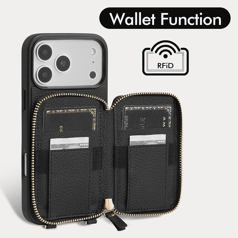 ZVE for iPhone 17 Pro Wallet Case with Card Holder, Zipper Crossbody Case with Wrist Strap for Women 6.3" Black - Image 2